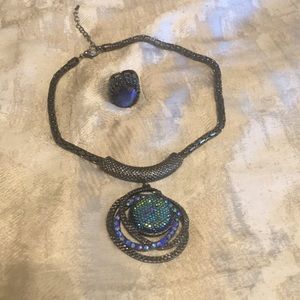 Teal Blue Green Crystal Necklace and Ring Set